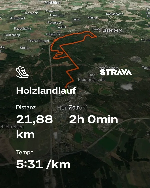 Strava-Aufzeichnung des Holzlandlaufs mit Route: 21,88 Kilometer in 2 Stunden, Tempo 5:31 Minuten pro Kilometer